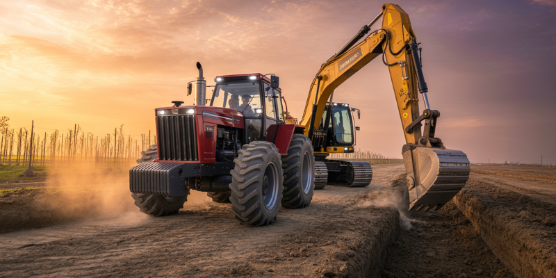 Tractor y excavadora en un campo
